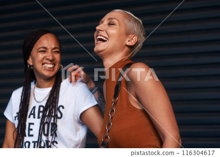 Girls, people and laughing in fashion outdoor with streetwear, casual style and trendy outfit with confidence. Friends, face and happy in city with bonding, embrace and funny joke in town in summer 116304617