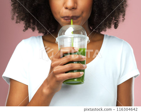 Mouth, health and woman drinking green juice for detox, nutrition or wellness vegan diet. Breakfast, weight loss and female person enjoying organic smoothie for vitamins isolated by studio background 116304642
