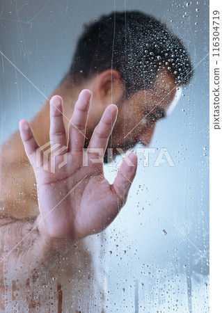 Man, shower and steam in studio for skincare, cosmetics and cleaning routine on gray background. Male person, profile and washing for pamper treatment or dermatology, grooming and hydration beauty 116304719