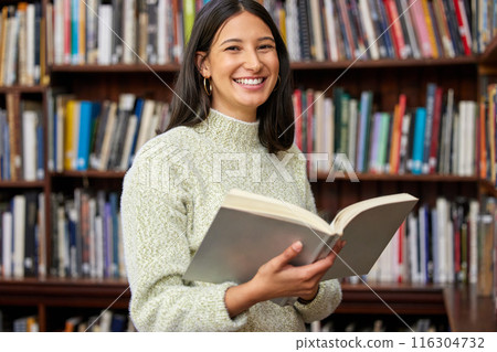 Girl, college student and books in library for portrait with smile for education, development or study at campus. Woman, person and happy for research, course and reading for knowledge at university 116304732