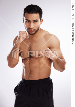 Portrait, boxer and man for fitness or body care in studio with wellness and health for muscles. Male person, athlete or mma fighter and sports with pride and training or exercise by white background Portrait, boxer and man for fitness or body care in studio with wellness and health for muscles. Male person, athlete or mma fighter and sports with pride and training or exercise by white background 116304789