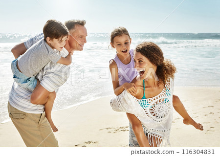 Happy family, walking and piggyback at beach in summer for relax, travel and holiday in Miami. Parents, children and people at ocean with back ride for vacation, trust and bonding together by water Happy family, walking and piggyback at beach in summer for relax, travel and holiday in Miami. Parents, children and people at ocean with back ride for vacation, trust and bonding together by water 116304831