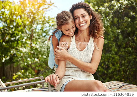 Smile, woman and child hug outdoor with bonding, care or support for security trust at family home backyard. Happy, mother and girl for embrace moment, love and sunshine vacation of childhood memory Smile, woman and child hug outdoor with bonding, care or support for security trust at family home backyard. Happy, mother and girl for embrace moment, love and sunshine vacation of childhood memory 116304839