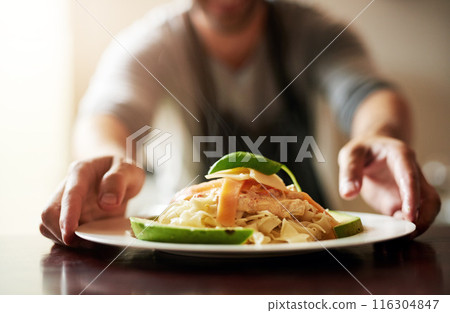 Restaurant, customer service of hands or waiter with pasta meal, offer or gourmet brunch dish. Hotel, hospitality or man server with plate presentation for catering, fast food and health or nutrition 116304847
