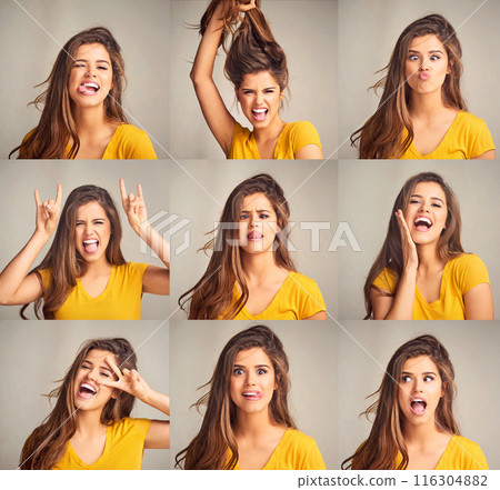Comic, collage and portrait of woman in studio with silly, joke and funny facial expression. Crazy, composite and female person from Canada with goofy and comedy face for humor by gray background. 116304882