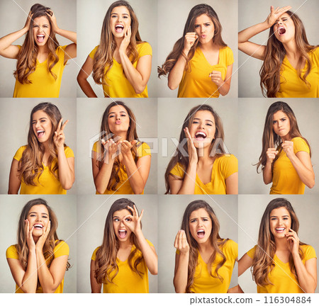 Happy, collage and portrait of woman in studio with silly, joke and comic facial expression. Crazy, composite and female person from Canada with goofy, funny and comedy face by gray background. Happy, collage and portrait of woman in studio with silly, joke and comic facial expression. Crazy, composite and female person from Canada with goofy, funny and comedy face by gray background. 116304884