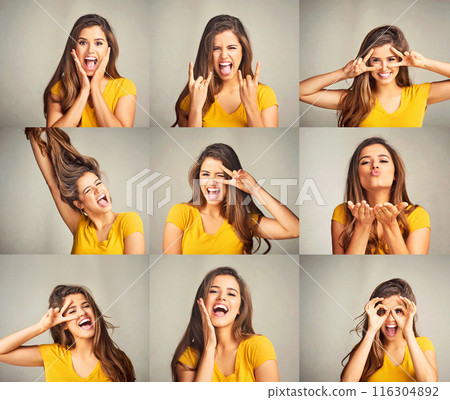 Goofy, collage and portrait of woman in studio with silly, joke and comic facial expression. Crazy, composite and female person from Canada with funny and comedy face for humor by gray background. 116304892