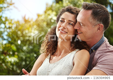 Smile, couple and hug for marriage bonding with commitment, relationship and connection in backyard. Excited, husband and wife with love embrace for anniversary, time and support together in nature Smile, couple and hug for marriage bonding with commitment, relationship and connection in backyard. Excited, husband and wife with love embrace for anniversary, time and support together in nature 116304905