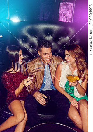 Women, man and friends in nightclub with cocktails, drink or glass for vip event, memory or reunion. Group, relax or happy people in dark disco party couch for fashion, alcohol or social celebration 116304908