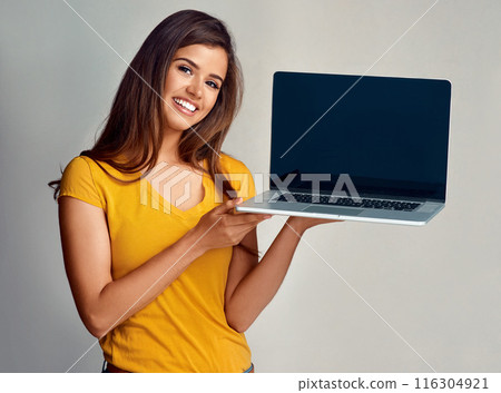 Laptop screen, portrait and woman for promotion, smile or advertising and isolated in white background. Computer, girl model and wireless connection for technology, presentation and mockup in studio Laptop screen, portrait and woman for promotion, smile or advertising and isolated in white background. Computer, girl model and wireless connection for technology, presentation and mockup in studio 116304921