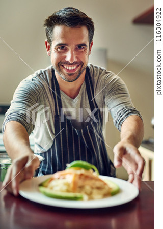 Restaurant, customer service or portrait of waiter with pasta meal, offer or gourmet brunch dish. Hotel, hospitality or man server with plate presentation for catering, fast food and nutrition health 116304922