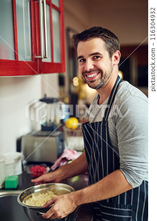 Portrait, happy man and cooking pasta in a kitchen for health, wellness and food balance at home. Diet, nutrition and face of male person in house for Italian dish, meal prep or cleaning noodles 116304932
