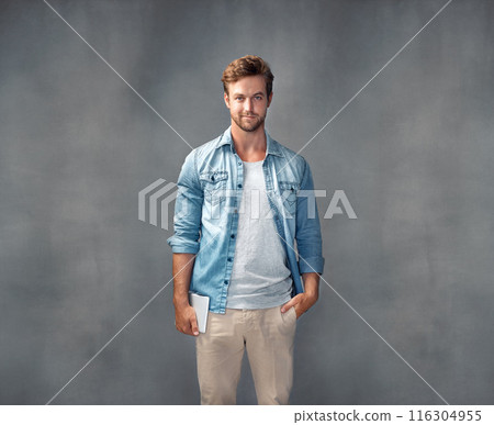 Studio, portrait and student with tablet, proud and internet to study, poster and online for education in app. Gray background, smile and person with tech, face and connection for man in mockup 116304955