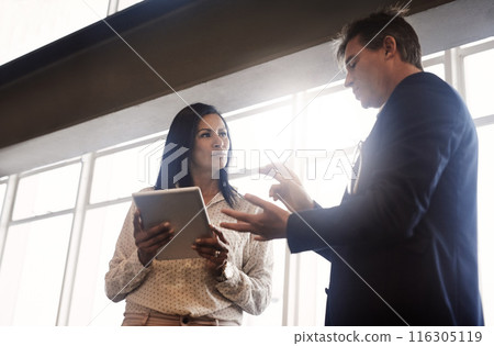 Employee, people and office with tablet for teamwork, collaboration and discussion on company growth. Business, accountant and conversation with explain, report and discuss for financial statement Employee, people and office with tablet for teamwork, collaboration and discussion on company growth. Business, accountant and conversation with explain, report and discuss for financial statement 116305119