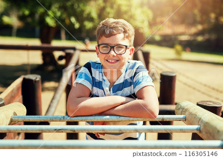 Portrait, smile and boy on monkey bars play outdoors playground, climbing or games with exercise of motor development. Kid, adventure and fun on jungle gym park, balance or energy for physical growth Portrait, smile and boy on monkey bars play outdoors playground, climbing or games with exercise of motor development. Kid, adventure and fun on jungle gym park, balance or energy for physical growth 116305146
