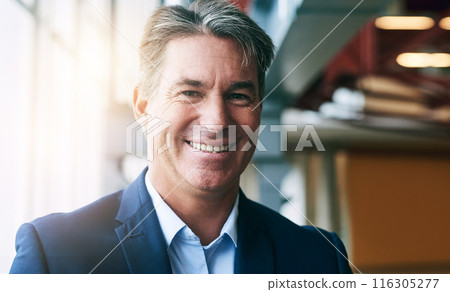 Mature man, business and happy on portrait in office as project manager for company progress. Entrepreneur, smile and satisfied or confident for career or job opportunity, growth and proud at work Mature man, business and happy on portrait in office as project manager for company progress. Entrepreneur, smile and satisfied or confident for career or job opportunity, growth and proud at work 116305277
