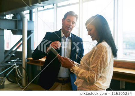 Employees, tablet and speaking in office on idea for planning, communication and team on website. Business people, meeting and talking on agenda or feedback on report or proposal, online and staff 116305284