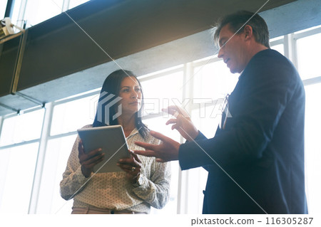 Business, people and office with tablet for teamwork, collaboration and discussion on company growth. Employee, accountant and conversation with explain, report and discuss for financial statement Business, people and office with tablet for teamwork, collaboration and discussion on company growth. Employee, accountant and conversation with explain, report and discuss for financial statement 116305287
