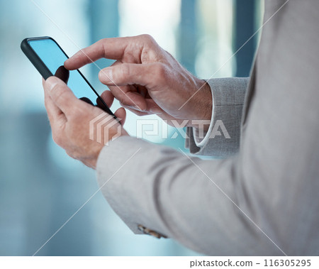 Businessman, hands and smartphone for internet scroll with social media post and online news in modern office. Corporate guy, typing and mobile notification for trading app and stock market research 116305295