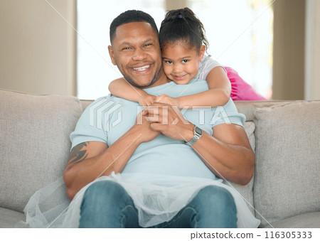 Father, daughter and portrait with love, relax and trust in home living room with happiness, sofa and skirt. Dad, child and smile as family for care, bond or support together in house on couch 116305333