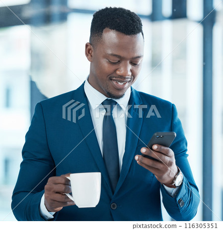 Corporate, coffee and black man with mobile for internet research, work break and online news app in office. African guy, tea and smartphone notification for stock exchange with business investment Corporate, coffee and black man with mobile for internet research, work break and online news app in office. African guy, tea and smartphone notification for stock exchange with business investment 116305351