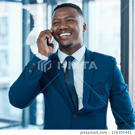 Corporate, smile and black man with phone call for communication, discussion and networking in office. African guy, consultant conversation and mobile hello for business negotiation and feedback 116305441