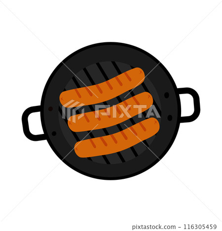 Fried sausages in a grill pan in trendy shades Top view. Icon sticker, logo or promo design concept Fried sausages in a grill pan in trendy shades Top view. Icon sticker, logo or promo design concept 116305459