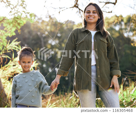 Portrait, girl and mother hand holding on walk outdoor in park for bonding, relationship and love. Family, woman and daughter together in nature happy for support, development and summer traveling 116305468