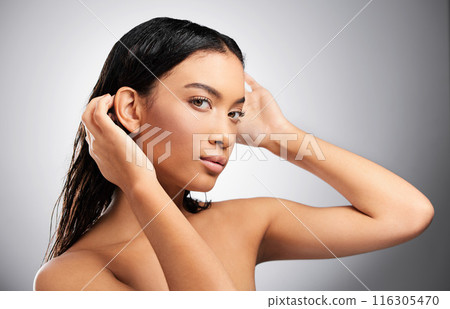 Portrait, woman and skincare in studio with hands, hygiene and cleaning after shower. Female person, hair care and confident on white background for treatment, cosmetics and natural beauty or routine Portrait, woman and skincare in studio with hands, hygiene and cleaning after shower. Female person, hair care and confident on white background for treatment, cosmetics and natural beauty or routine 116305470