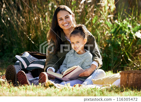 Portrait, young girl and mother reading book outdoor in park for bonding, education and learning with love. Family, woman and daughter together in nature happy for support, development and knowledge 116305472