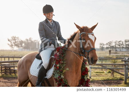 Horse, woman and sunshine on ranch or farm for fitness, training and sport or competition. Event, animal and female jockey with flowers in countryside for course, dressage and performance in Texas Horse, woman and sunshine on ranch or farm for fitness, training and sport or competition. Event, animal and female jockey with flowers in countryside for course, dressage and performance in Texas 116305499