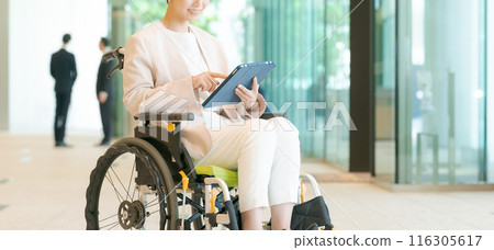 A woman in a wheelchair working in an office (banner) 116305617