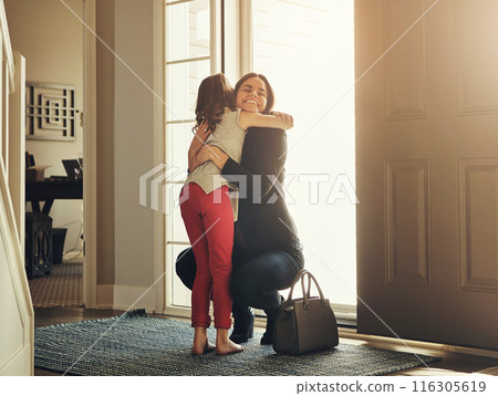 Mom, hug and child at door for welcome home, hello and excited reunion after business trip or travel. Happy family, woman or mother with bag and embrace kid at entrance for support, care and love 116305619