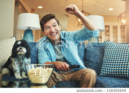 Celebrate, dog and man with popcorn on sofa watching sports match on television at home. Happy, winning and male person relaxing and streaming football game in living room with pet puppy at apartment Celebrate, dog and man with popcorn on sofa watching sports match on television at home. Happy, winning and male person relaxing and streaming football game in living room with pet puppy at apartment 116305649
