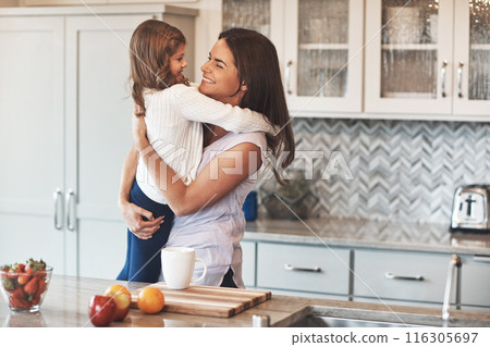 Love, mom and hug with girl, kitchen or smile in weekend, home and kid with care. Bonding, child and mother with daughter, embrace and together in morning, happy or breakfast in apartment for peace 116305697
