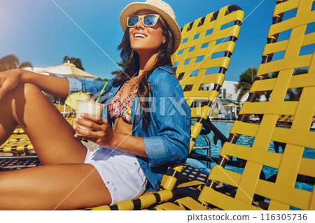 Vacation, pool and woman sitting on chair for relax in sunshine, cocktail at hotel in summer. Female person, holiday or wellness in Mauritius with smile for travel, blue sky on tropical island Vacation, pool and woman sitting on chair for relax in sunshine, cocktail at hotel in summer. Female person, holiday or wellness in Mauritius with smile for travel, blue sky on tropical island 116305736