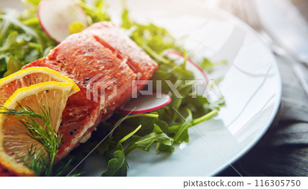 Food, plate and grilled salmon with salad for healthy, wellness and nutrition fine dining cuisine. Diet, meal and gourmet dish of fish, rocket leaves and radish with lemon for dinner or supper. 116305750