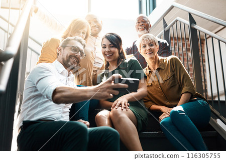 Group, people and staircase with smile or mobile, diversity in office with lens flare. Crowd, international or happiness with phone technology for company profile picture, team building for employees 116305755