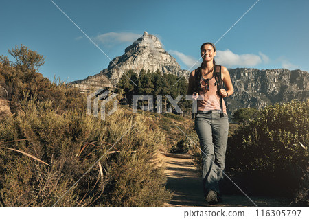Portrait, hiking and woman with nature, walking and outdoor for adventure, wellness and journey. Person, hiker and healthy girl with environment, mountain and cardio with vacation, energy and travel Portrait, hiking and woman with nature, walking and outdoor for adventure, wellness and journey. Person, hiker and healthy girl with environment, mountain and cardio with vacation, energy and travel 116305797