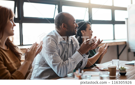 Meeting, business people and applause in office for celebration, achievement and good news. Success, employees and public relations team for project report, well done and clapping hands for victory 116305926