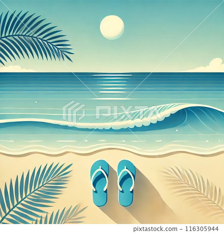 夏天的大海、沙灘和藍色人字拖 116305944