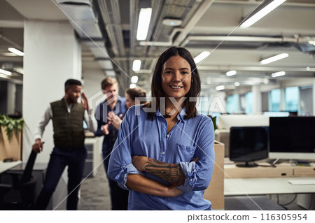 Smile, portrait and businesswoman in office with arms crossed, confidence and ready in workplace. About us, pride and startup company with happy entrepreneur for professional in career with coworkers Smile, portrait and businesswoman in office with arms crossed, confidence and ready in workplace. About us, pride and startup company with happy entrepreneur for professional in career with coworkers 116305954