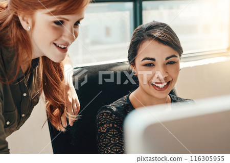 Business people, computer and women with teamwork, connection and planning with proposal, project and ideas. Staff, employees and internet with pc, cooperation and collaboration with productivity 116305955