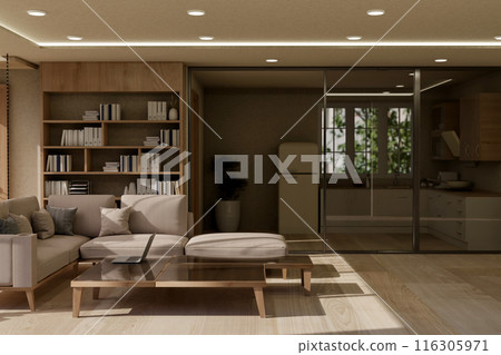 The interior design of a modern, spacious living room features a doorway to the kitchen. 116305971