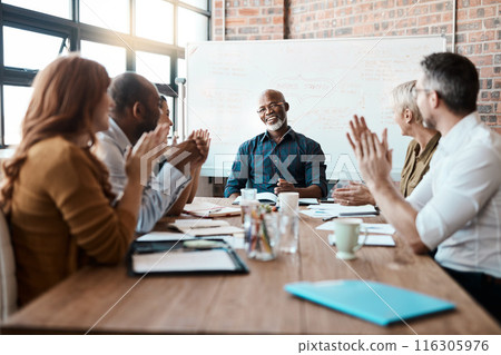 Portrait, business people and clapping hands in office for meeting success, achievement and good news. Boardroom, mature ceo and public relations team for celebration, applause and target victory 116305976