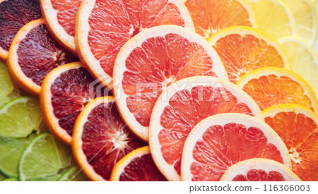 Orange, color and citrus for breakfast, vitamin c and nutrition for wellness, diet and different. Empty, pattern fruit and season with food, healthy and salad with vegetarian ingredients and vegan 116306003