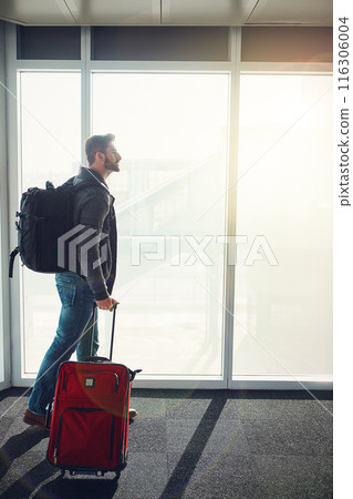 Airport, window and man with suitcase, walking and trip of business in New York, backpack and thinking. Entrepreneur, moving and luggage for travel agency, lobby or waiting room of airplane of person 116306004