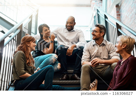 Office, stairs and business people on break for talking, hangout and discussion with laugh. Creative agency, men and women as journalist with conversation, relax and funny memory in workplace steps 116306027