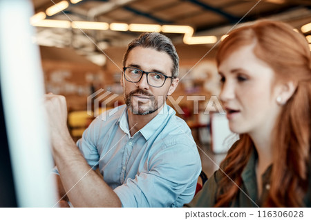 Business people, mentor and help with computer, teamwork and productivity with internet, explain system and network. Cooperation, employees or staff with pc, collaboration or conversation with advice Business people, mentor and help with computer, teamwork and productivity with internet, explain system and network. Cooperation, employees or staff with pc, collaboration or conversation with advice 116306028