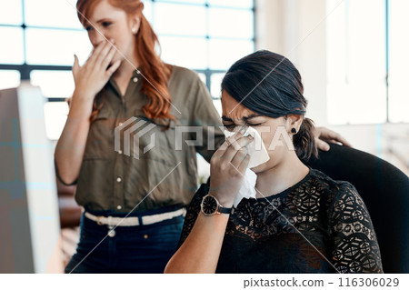 Woman, sick and blowing nose in office for health, flu season or allergies with congestion. Female entrepreneur, medical and tissue for FLiRT COVID or infection in workplace, bacteria or corona virus 116306029